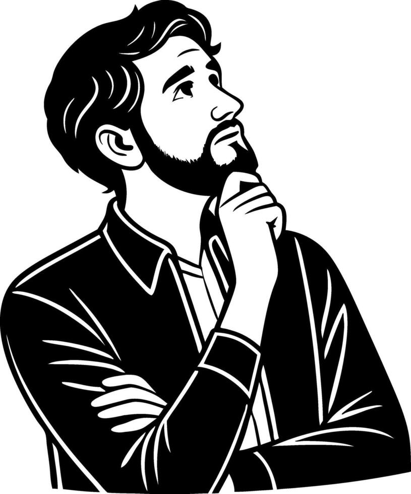 Contemplative Young Man Thinking with Hand on Chin Minimalist Design vector