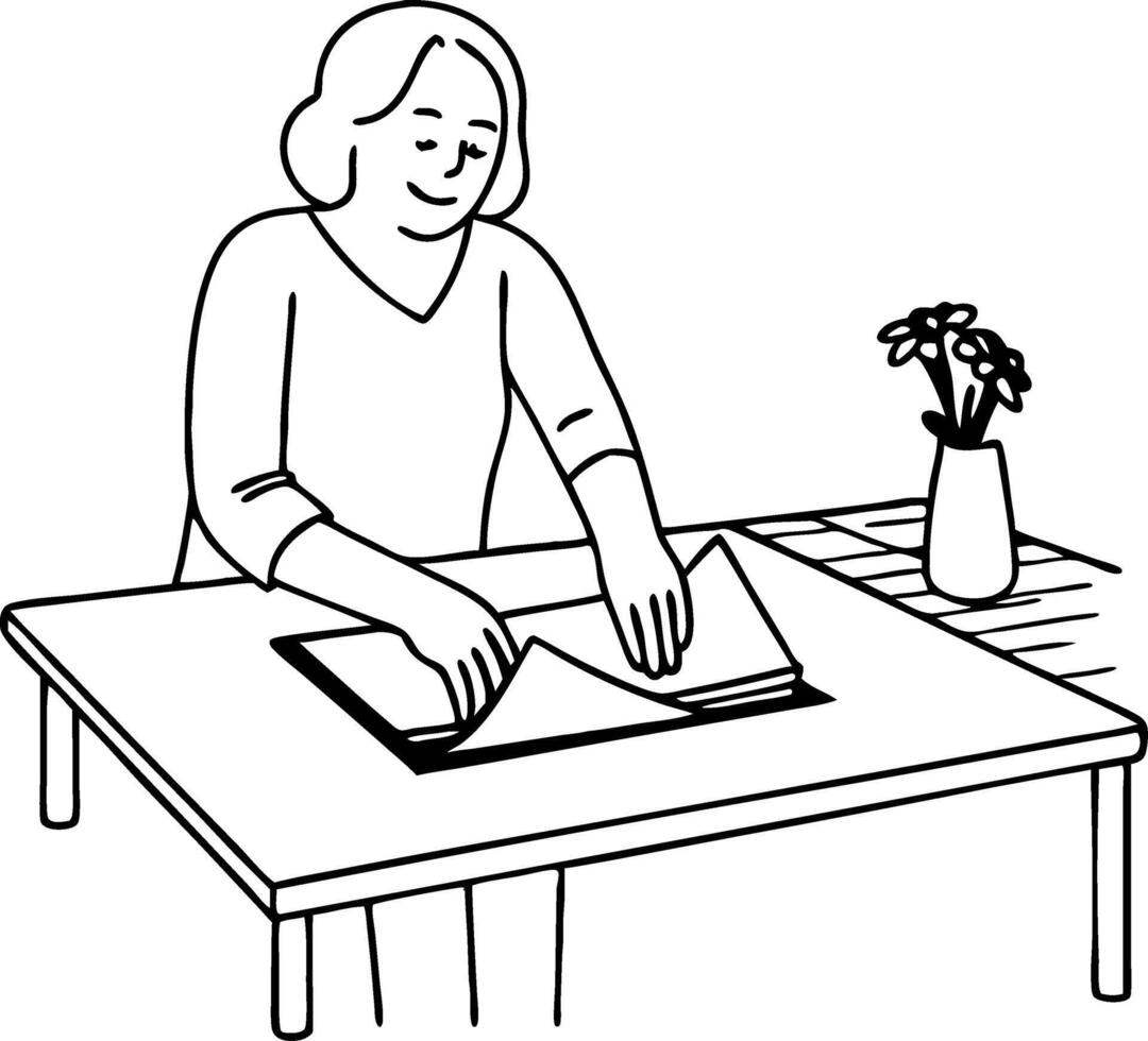 Woman Enjoying Creative Time with Paper Crafting on Table Surrounded by Flowers vector