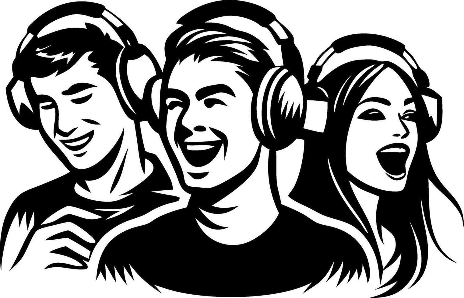 Illustration of Three People Wearing Headphones Enjoying Music for Creative Projects vector