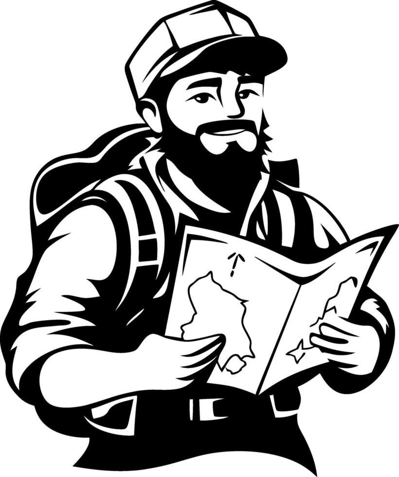 Adventurous Bearded Explorer Holding Map in Hiking Gear vector