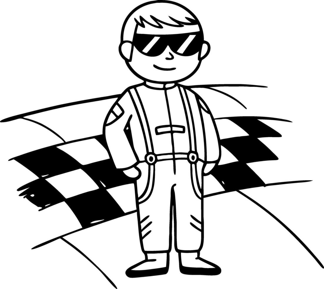Cheerful Race Car Driver Character Design for Kids Coloring Book and Tattoo Ideas vector