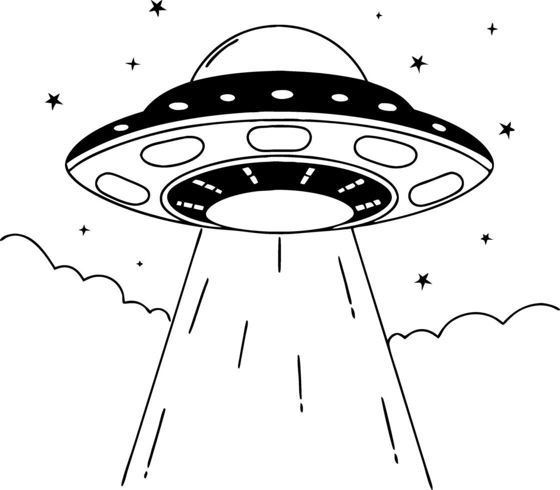 Classic Flying Saucer UFO Over Clouds with Beam of Light Suitable for Illustrations and Tattoos vector