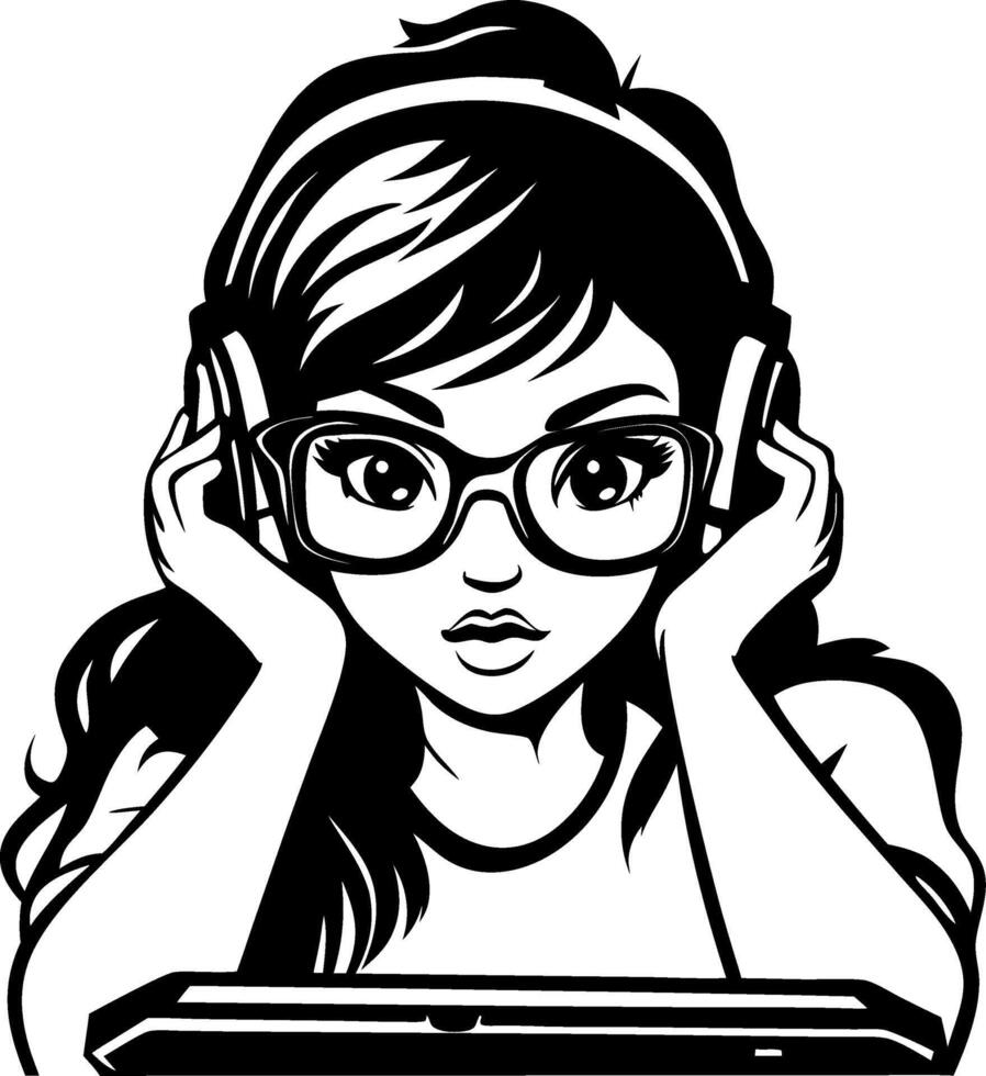 Stylish Girl Wearing Headphones with Glasses Enjoying Music on a Tablet for Creative Projects vector