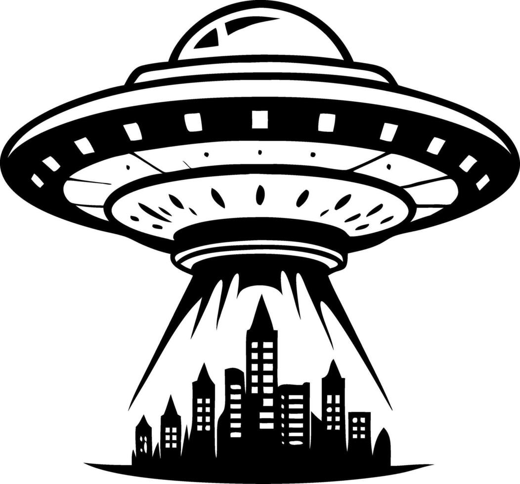 Flying Saucer Abducting Cityscape in Bold Retro Style Perfect for T-Shirt Designs and Tattoos vector