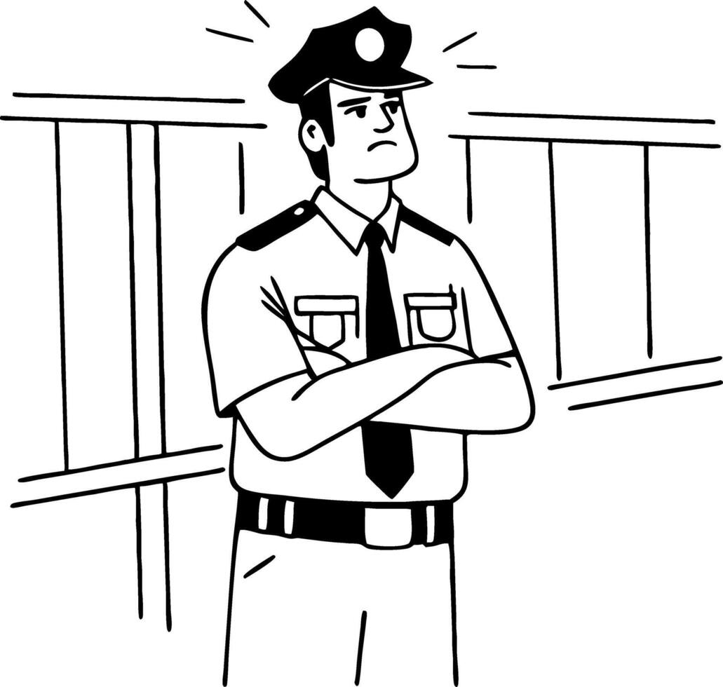 Confident Police Officer Standing Guard in Front of Jail Bars Ideal for Educational Design vector