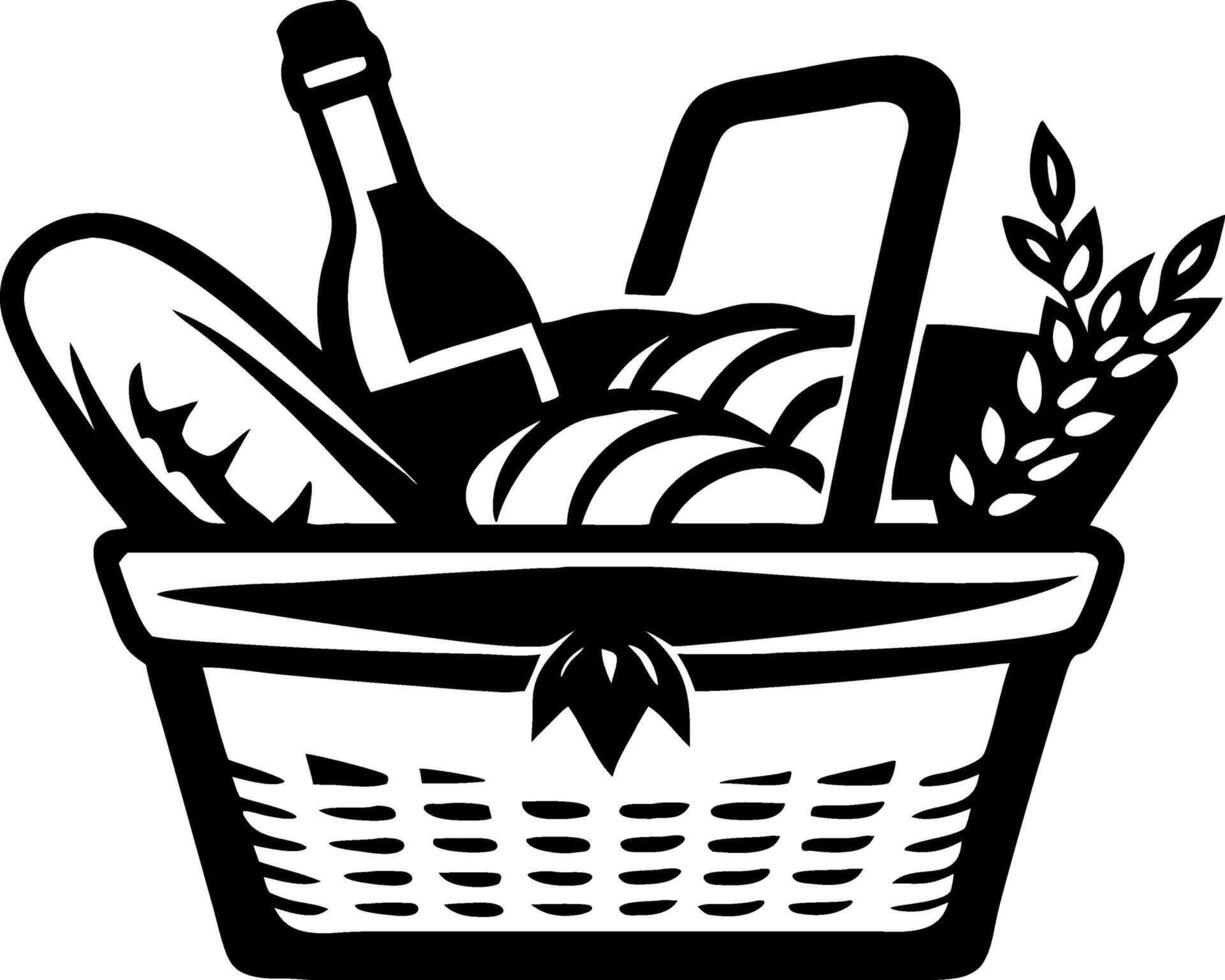 Gourmet Food Basket Illustration Featuring Bread Wine Vegetables and Wheat for Culinary Designs vector