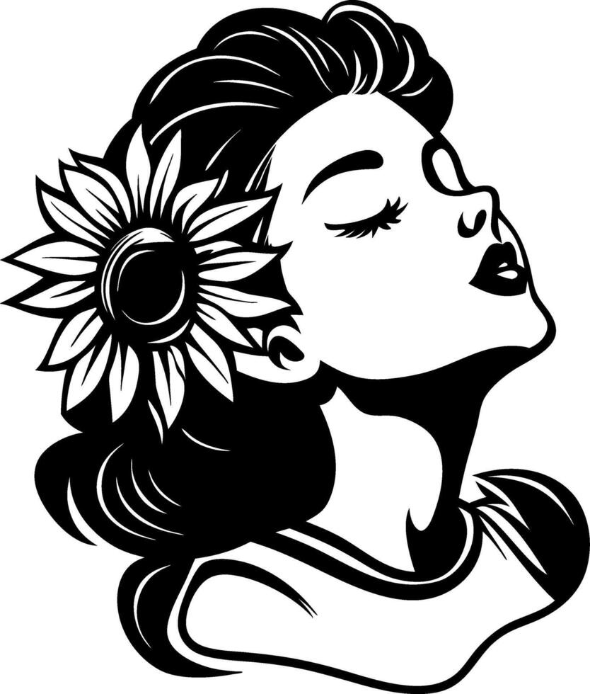 Elegant Vintage Woman with Sunflower in Hair Silhouette for Tattoo and Art Designs vector