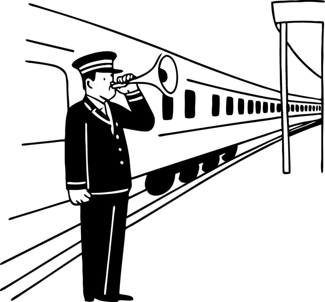 Vintage Train Conductor Whistling with Train at Station Line Art for Illustration Design vector