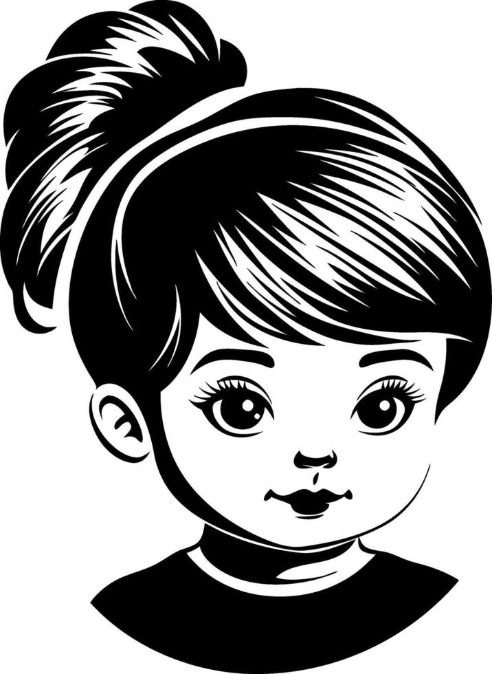 Cute Cartoon Girl Portrait with Ponytail in Black and White Style for Art Projects vector