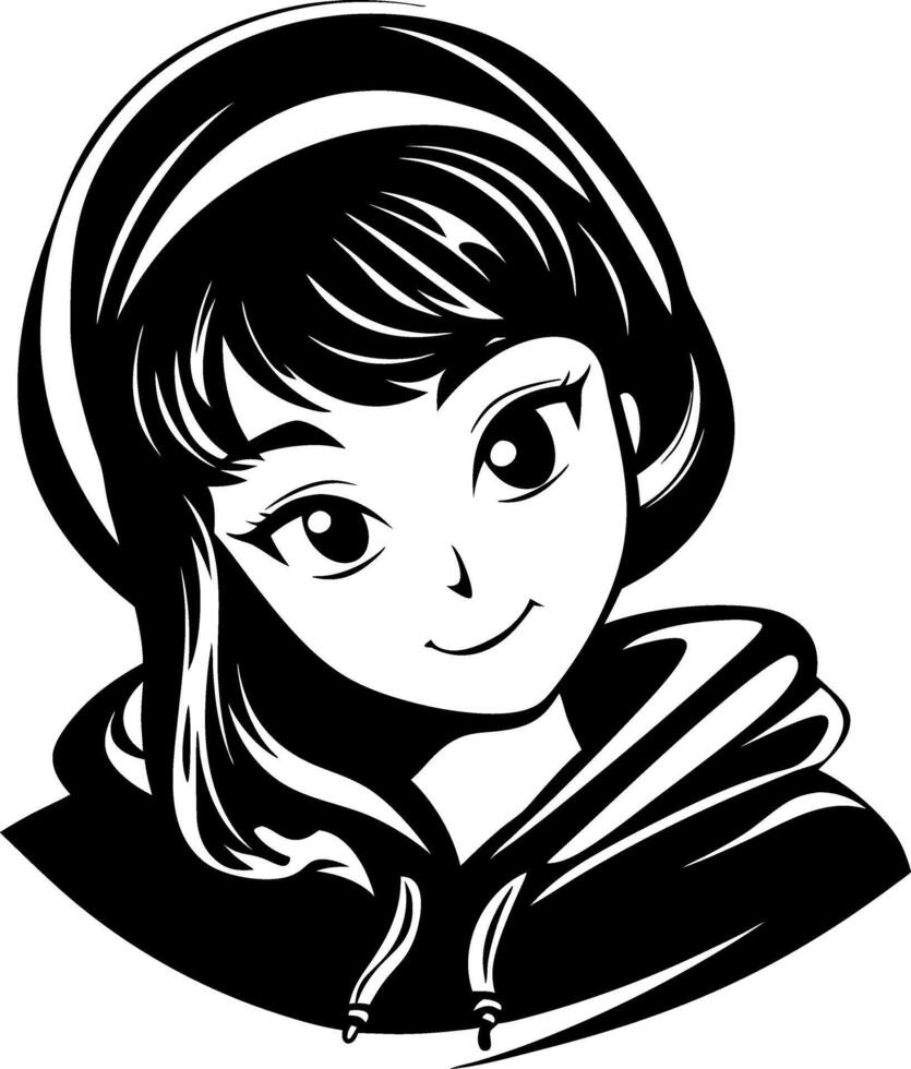 Charming Anime Girl in Hoodie Illustration for Tattoo Design and Coloring Book vector