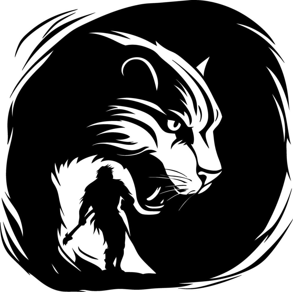 Powerful Tiger Silhouette with Warrior Figure Emphasizing Strength and Courage for Tattoo Designs vector