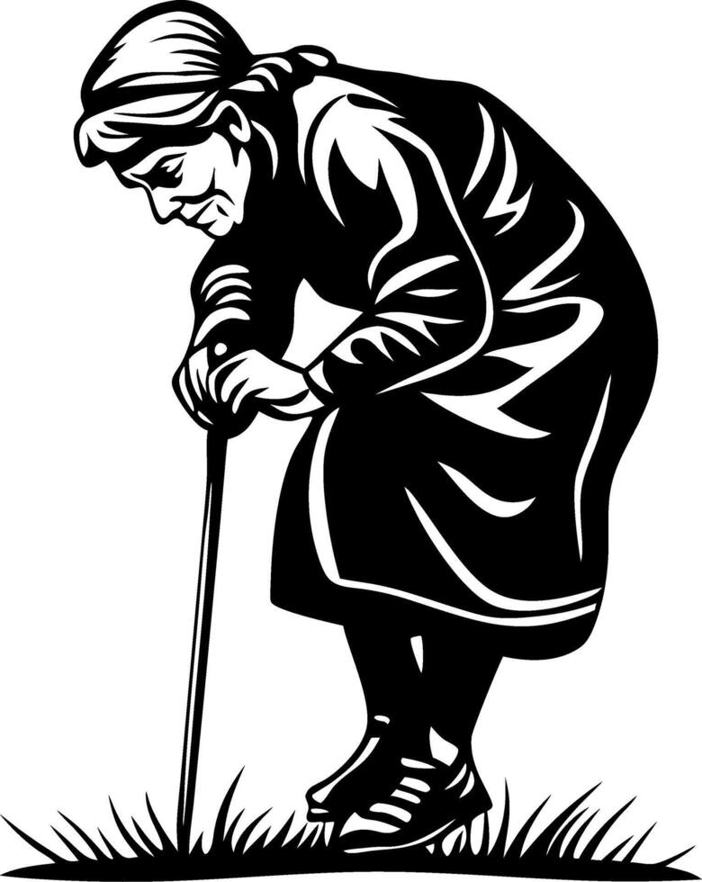 Elderly Woman Gardening with a Cane Embracing Nature in a Vintage Style Illustration vector