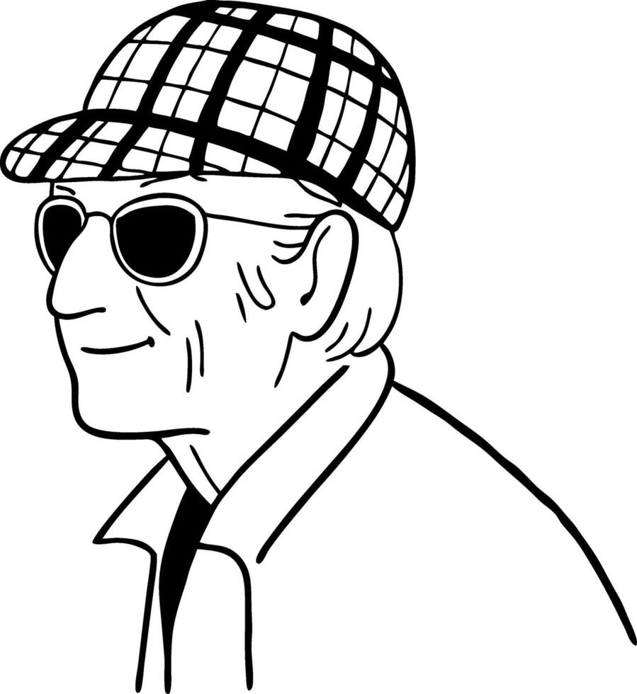 Elderly Man in Sunglasses and Checkered Cap Illustration for Tattoo Design and Coloring Books vector