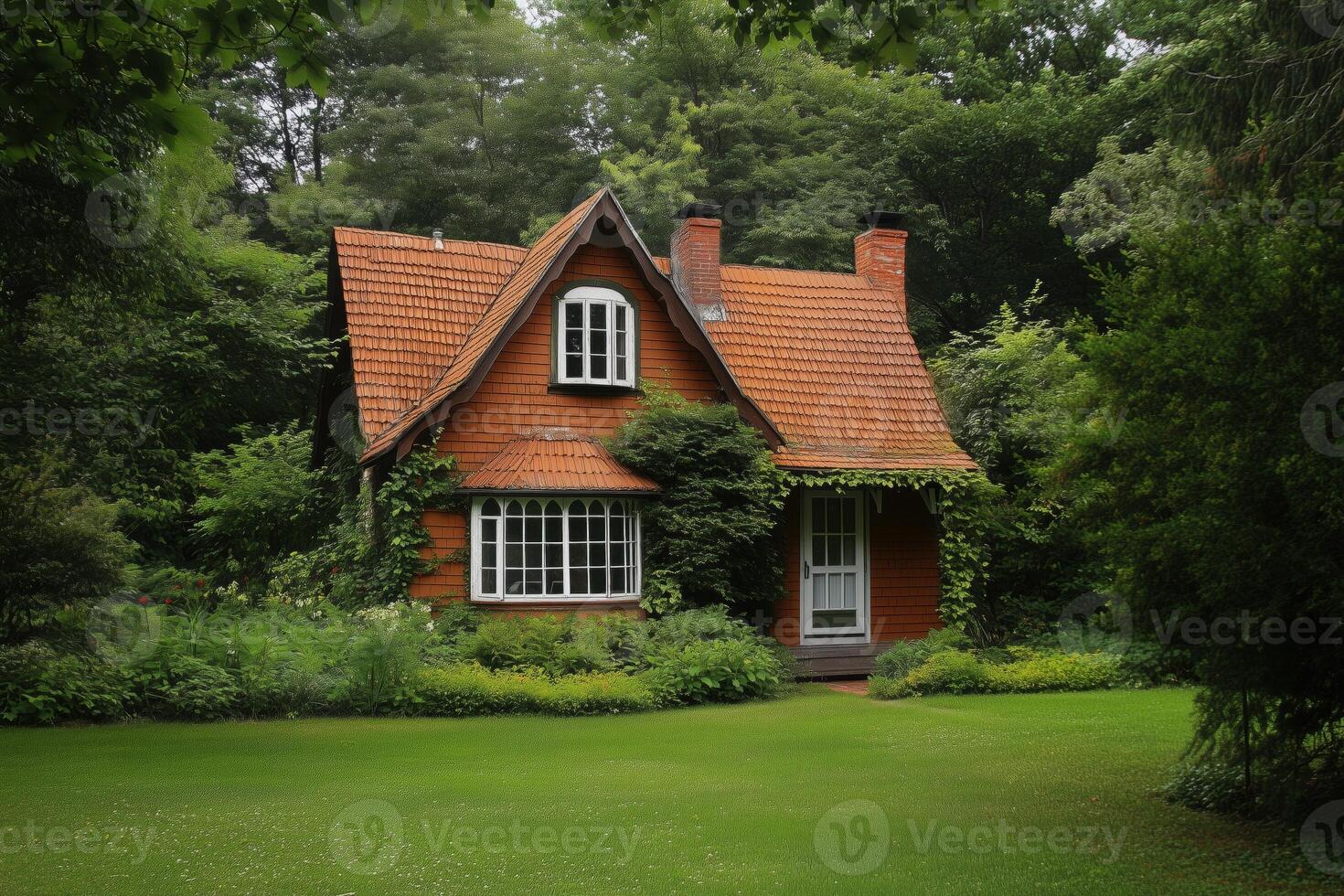 A small house in the middle of a lush green field photo