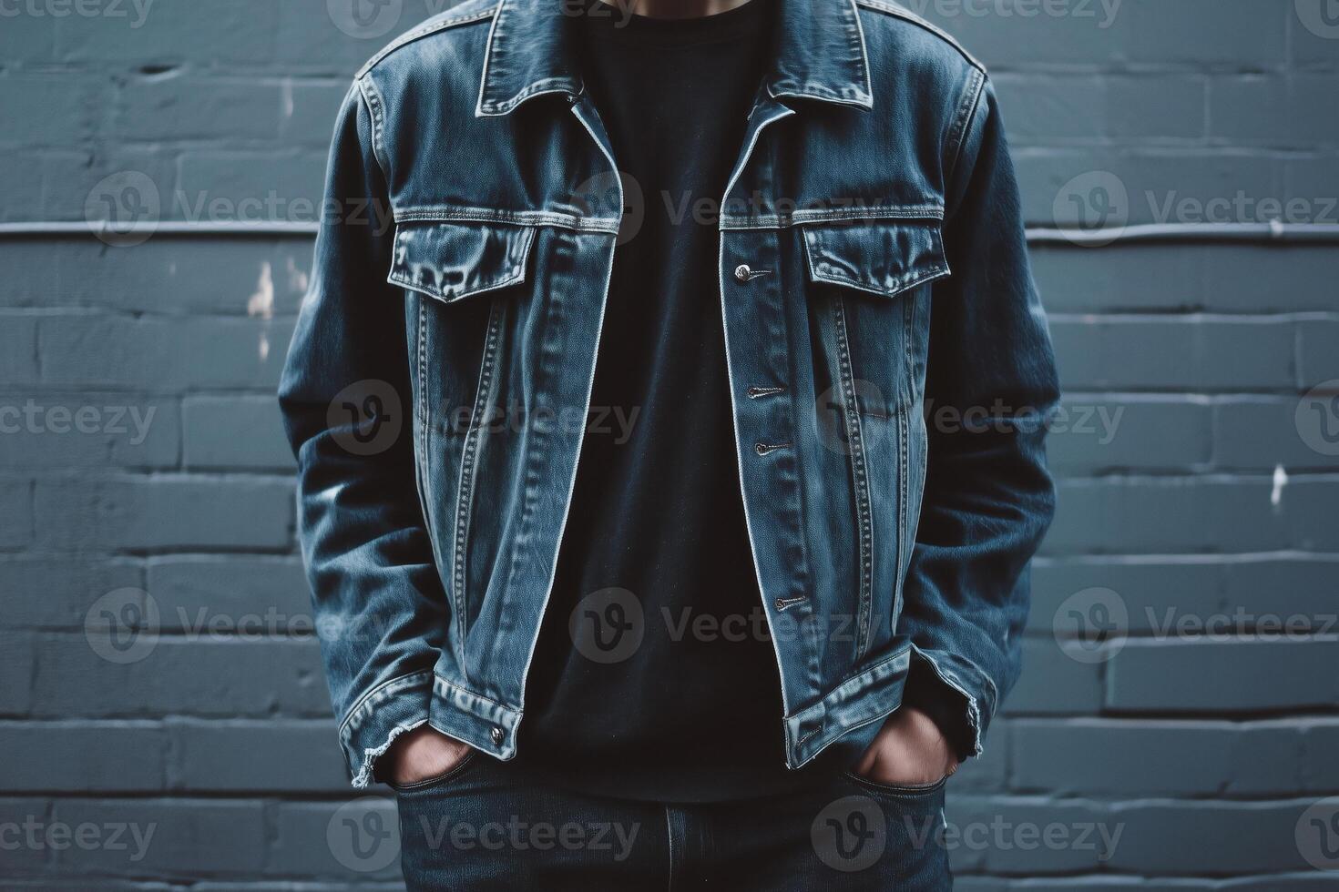 A man wearing a denim jacket standing against a brick wall photo
