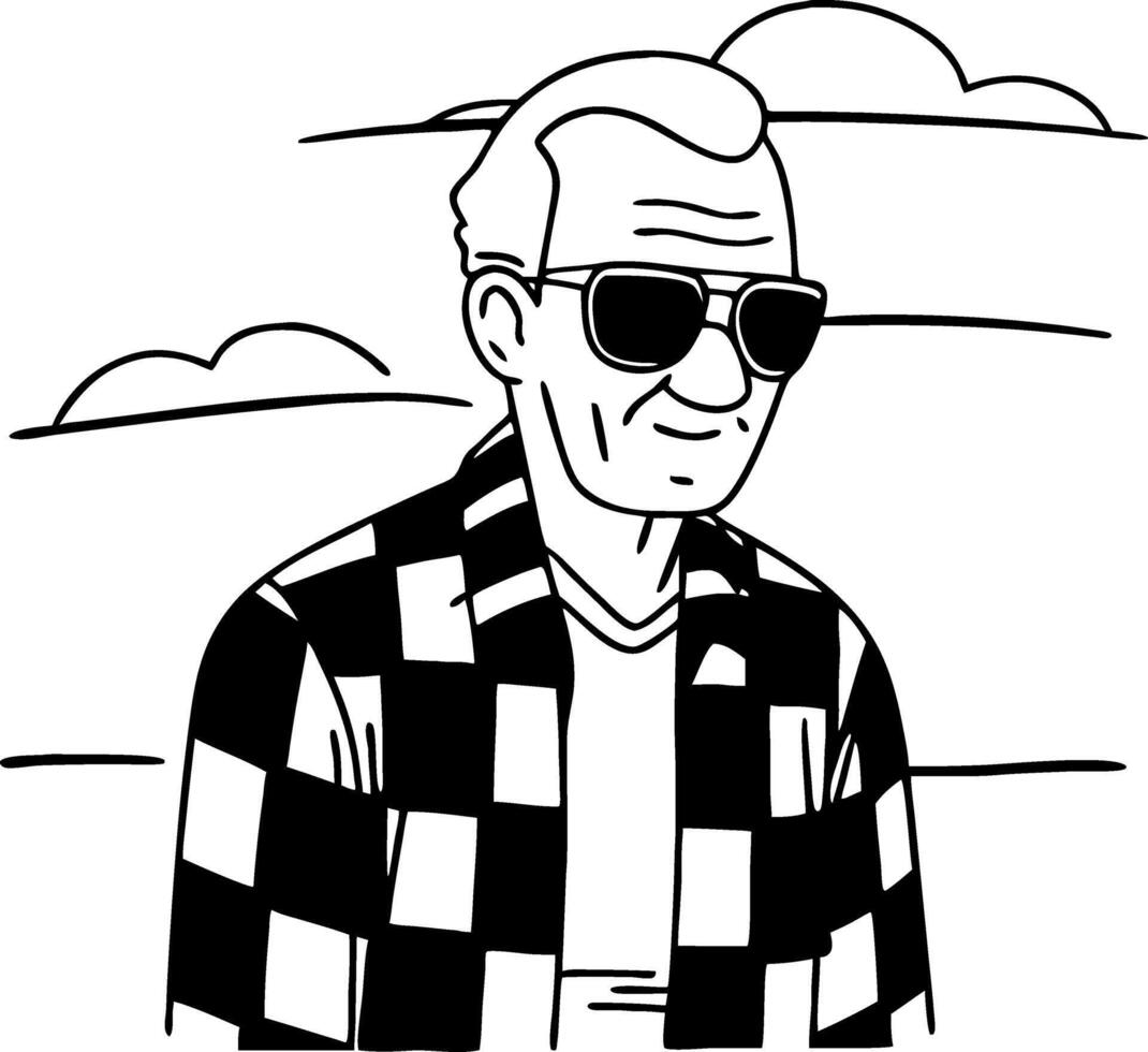 Stylish Senior Man Wearing Sunglasses and Checkered Shirt Perfect for Graphic Design Projects vector