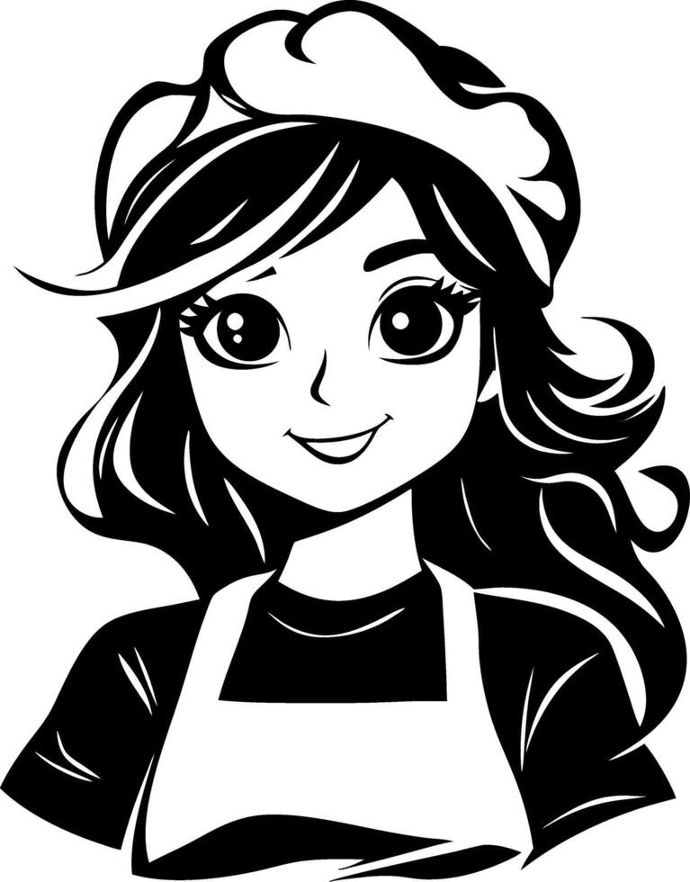 Cheerful Female Baker Character Illustration with Chef Hat Perfect for Coloring Books and Tattoos vector