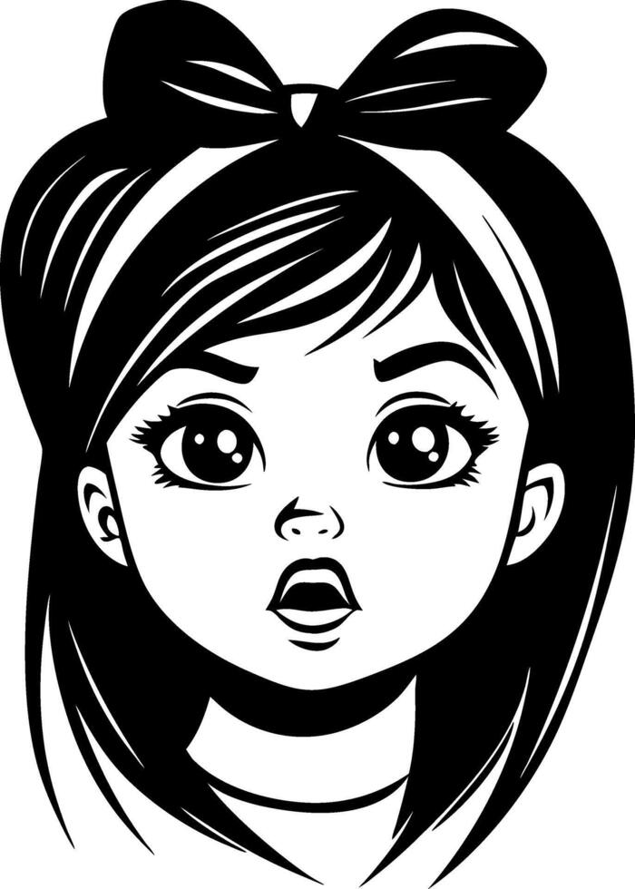 Surprised Girl with Big Eyes and Bow for Illustration Coloring Book and Tattoo Design vector