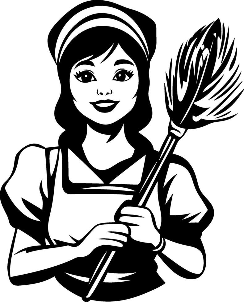 Vintage Style Housekeeper Holding Feather Duster Cheerful Domestic Worker Illustration vector