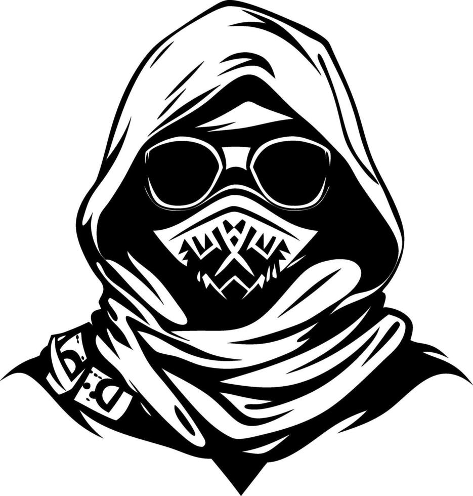 Mysterious hooded figure with sunglasses and mask representing stealth and intrigue vector