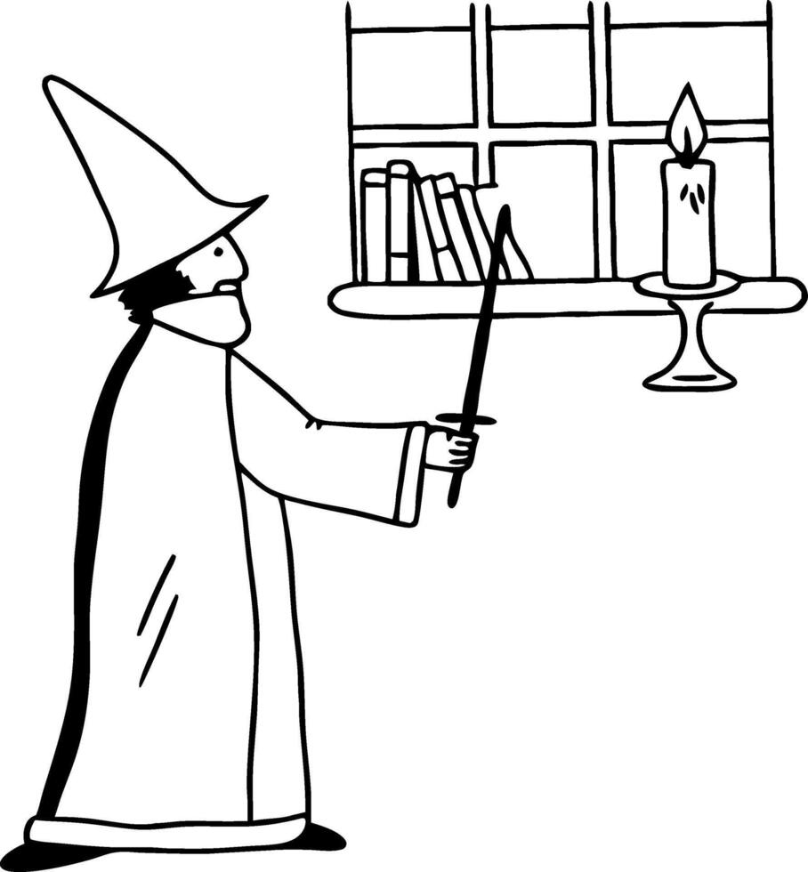 Wizard Holding Wand in Dark Room with Candle and Books Magical Illustration for Design vector