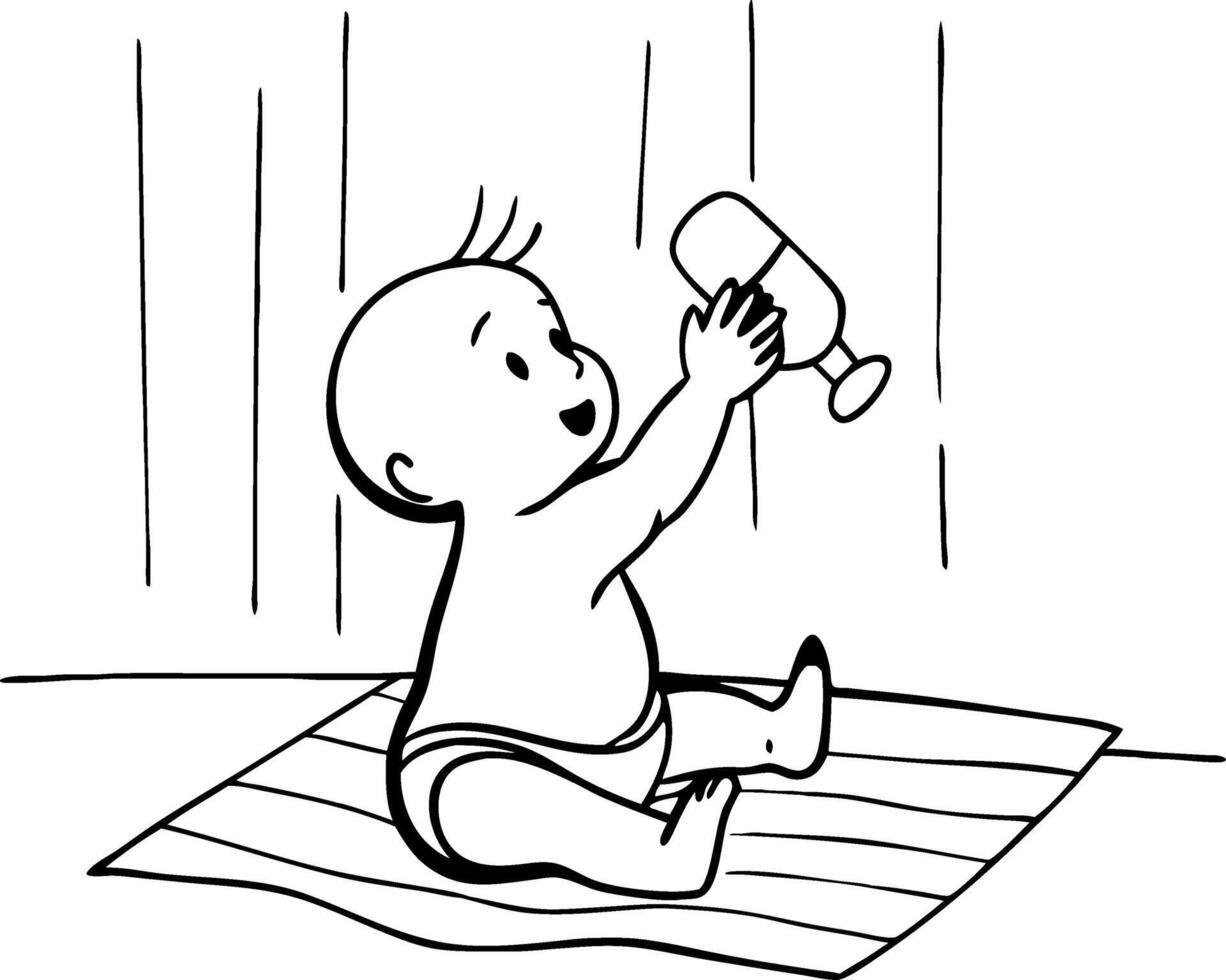 Happy Baby Holding Toy Bottle Sitting on Floor Playful Fun Kids Illustration vector
