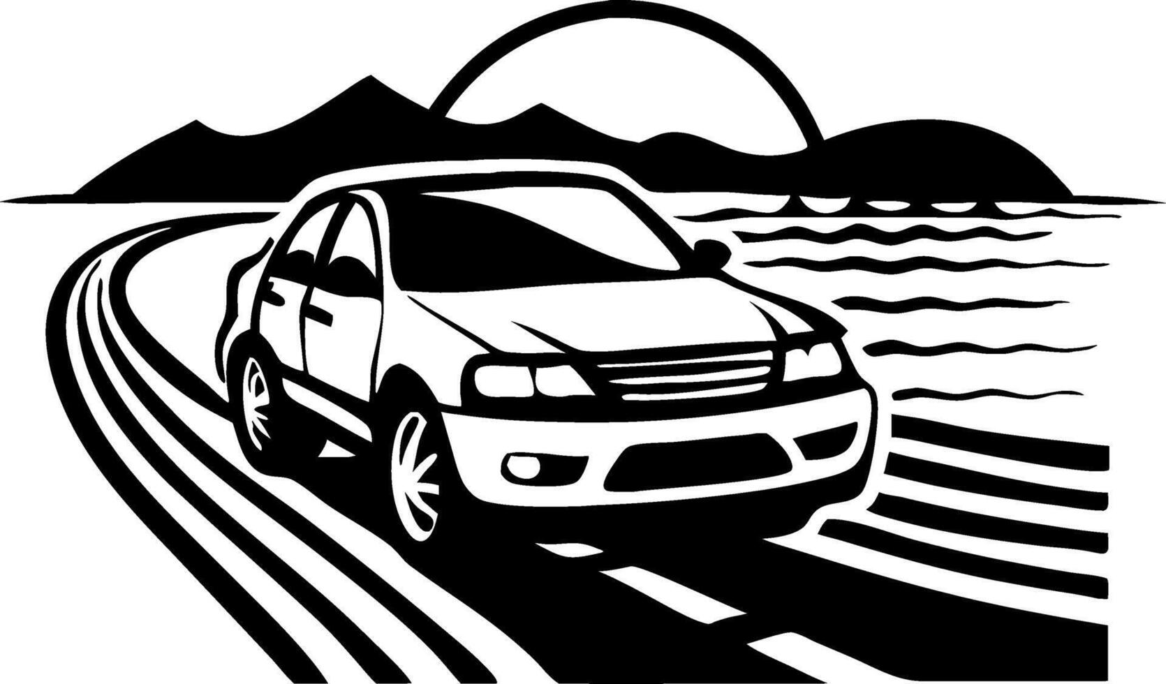 Car Driving Along Coastal Road with Mountains and Sunset Scenic Landscape vector