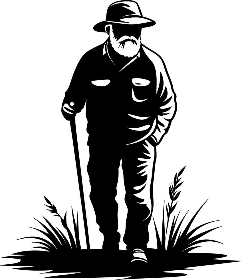 Senior Man Walking with Cane Through Tall Grass Vintage Style Illustration vector