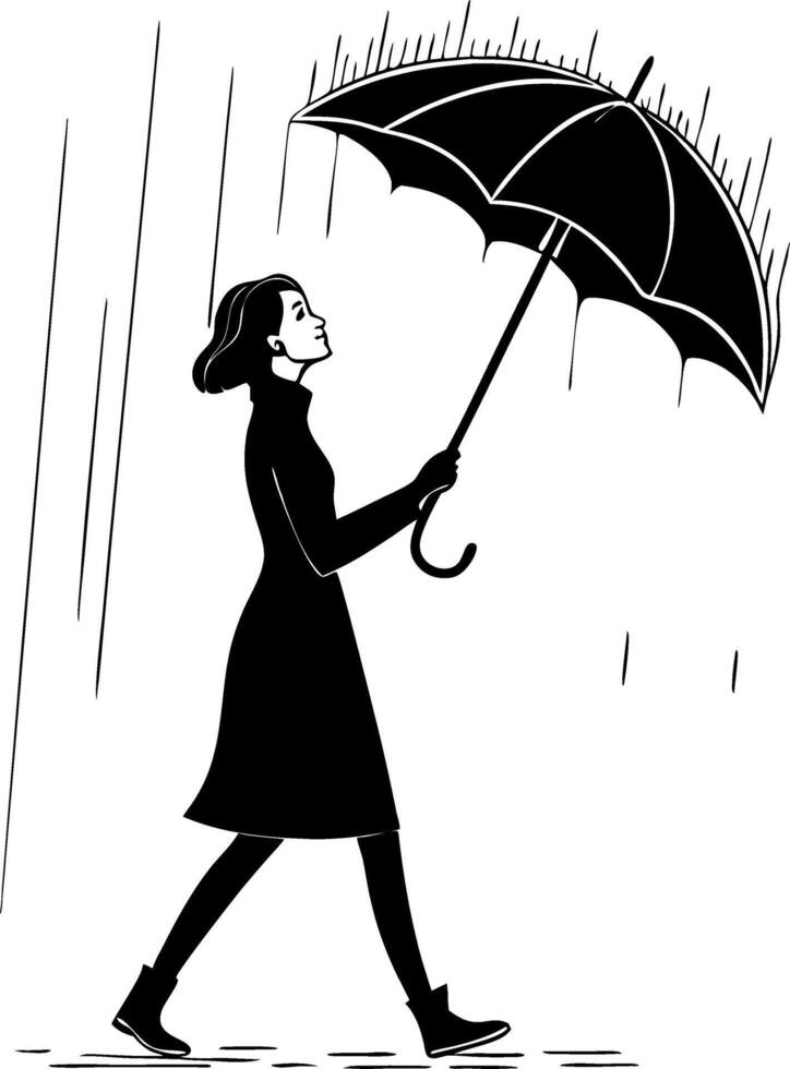 Woman Walking with Umbrella in Rain Stylish Minimalist Illustration vector