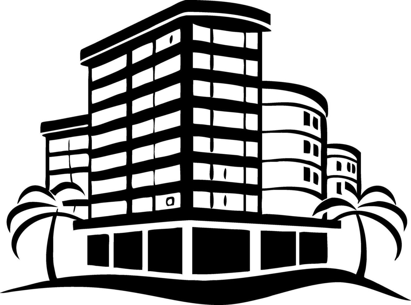 Stylized Urban Building Surrounded by Palm Trees Ideal for Architectural Illustrations vector