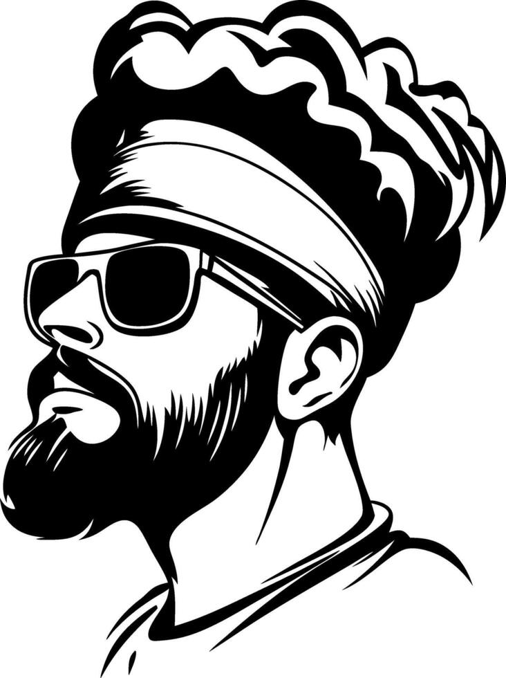 Stylish Profile Portrait of Bearded Man with Sunglasses and Curly Hair for Tattoo and Design vector