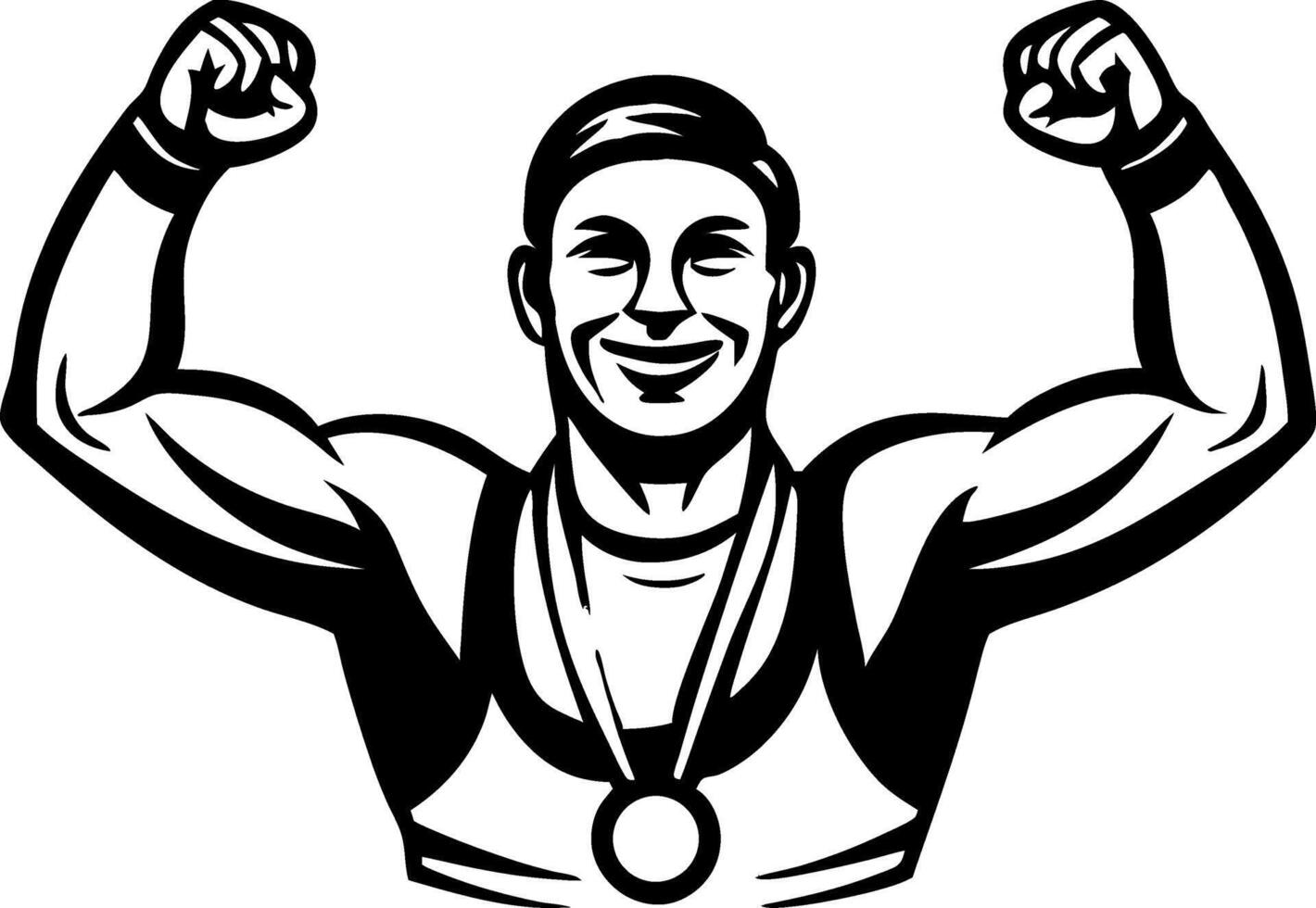 Strong Athlete Celebrating Victory with Raised Arms and Medal in Minimalist Style vector
