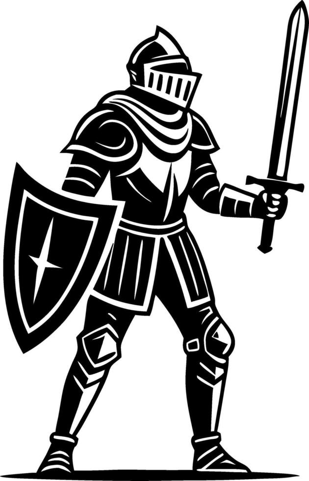 Knight in Armor Holding Sword and Shield for Fantasy Illustrations and Tattoo Designs vector