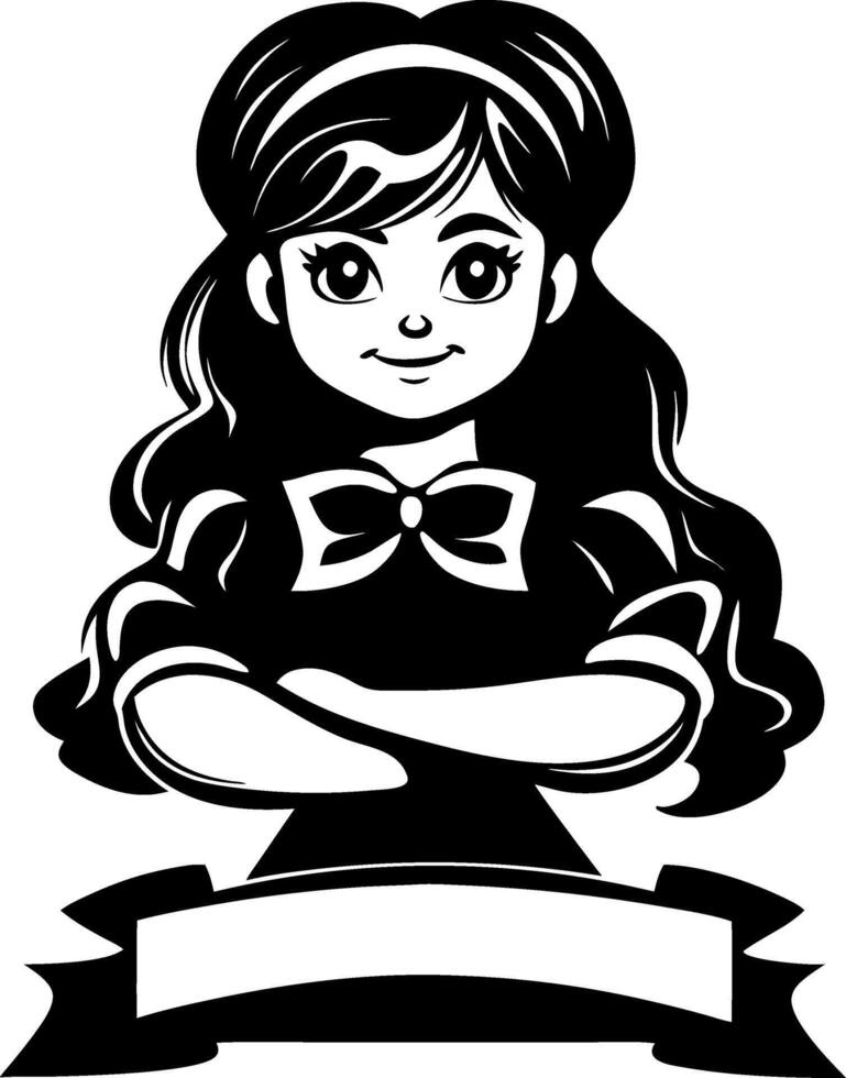 Charming Young Girl Character with Bow and Blank Banner Perfect for Illustrations and Crafts vector