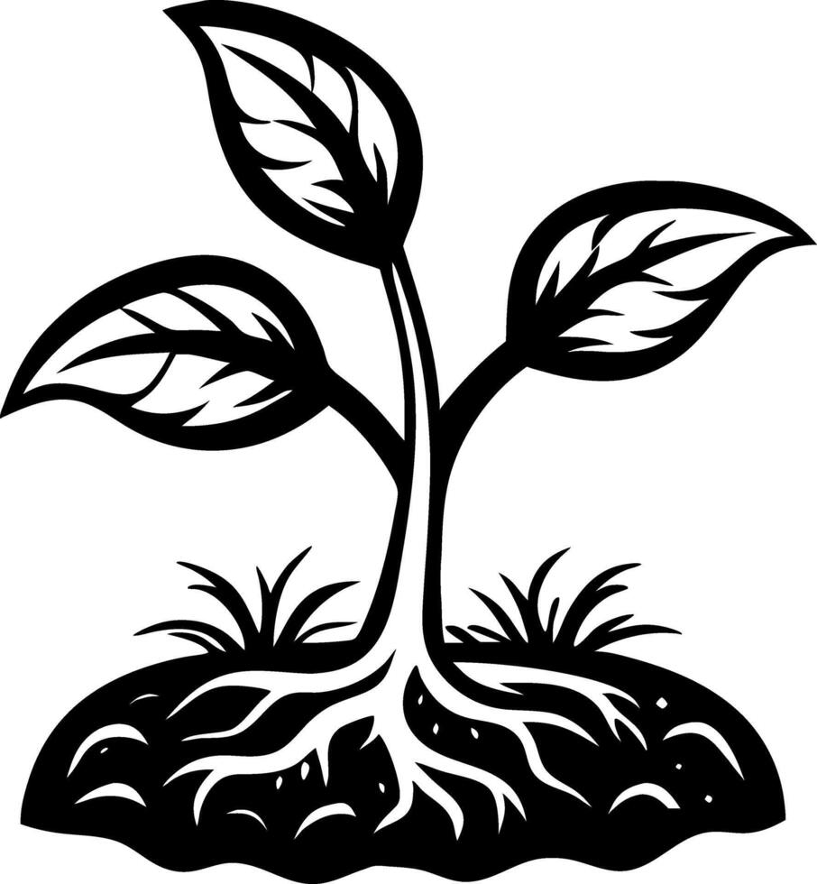Elegant Black Plant Sprout with Leaves and Roots Ideal for Tattoos or Coloring Books vector
