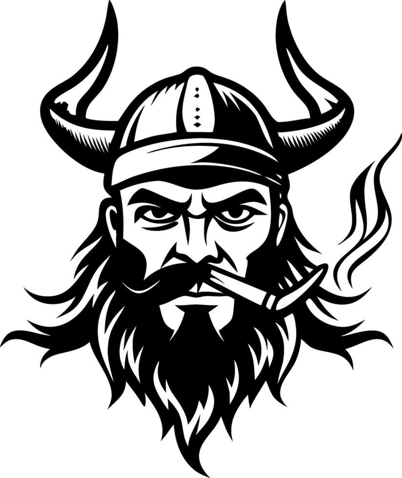 Viking Warrior with Horned Helmet and Pipe Detailed Black Illustration for Tattoo Design vector