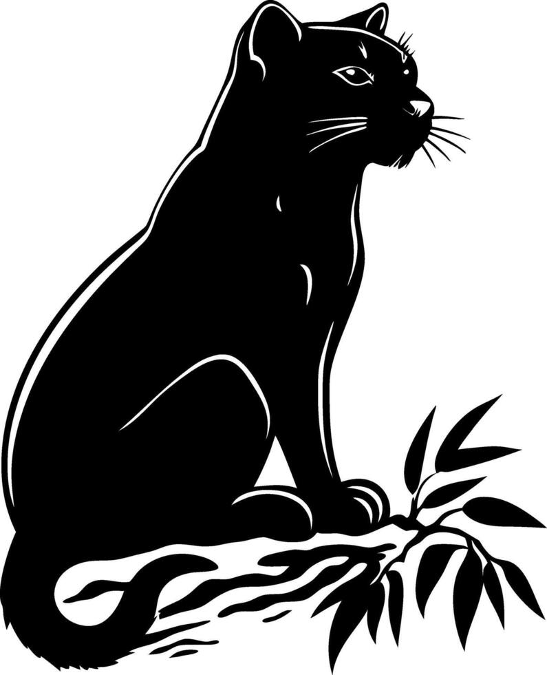 Elegant Black Panther Silhouette Sitting on a Branch with Leaves Ideal for Tattoo or Art Design vector