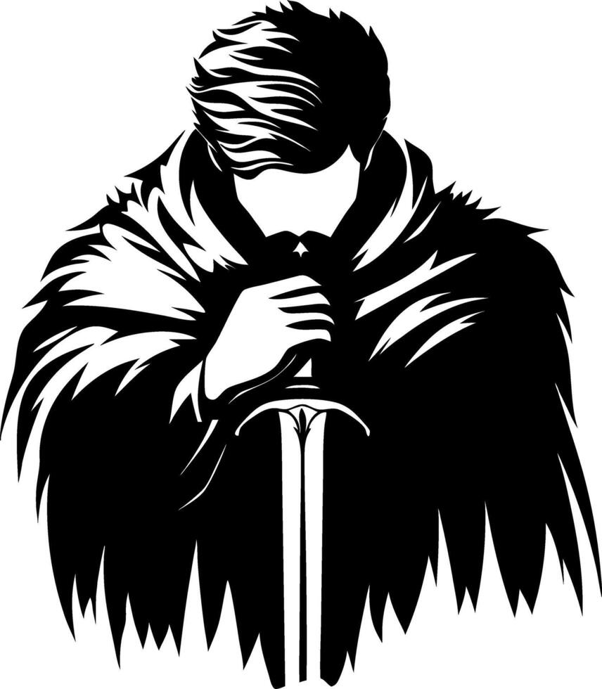 Mysterious Warrior with Sword Silhouette in Cloak for Fantasy Art and Tattoo Designs vector