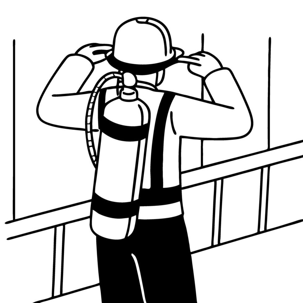 Firefighter Preparing for Action with Oxygen Tank and Helmet in Front of a Wall vector