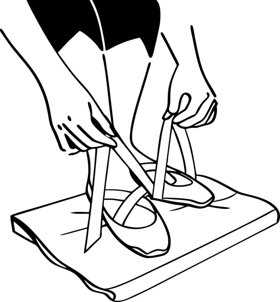 Ballet Dancer Tying Pointe Shoes Expressing Graceful Preparation for Performance vector