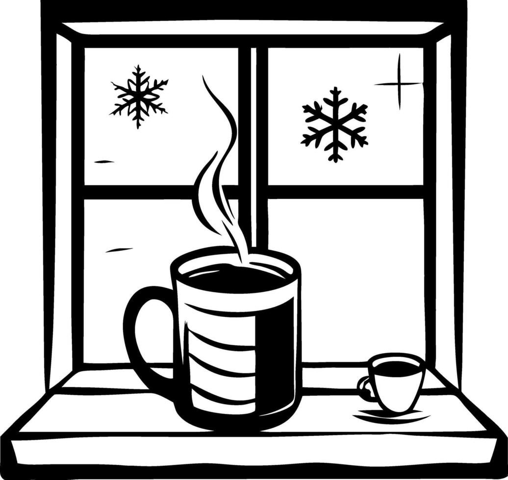 Cozy Winter Coffee Scene with Frosty Window and Steaming Mug Perfect for Home Decor and Crafts vector
