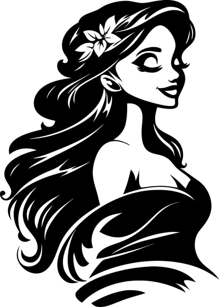 Elegant Woman Silhouette with Flowing Hair and Flower Decoration for Tattoos and Artwork vector