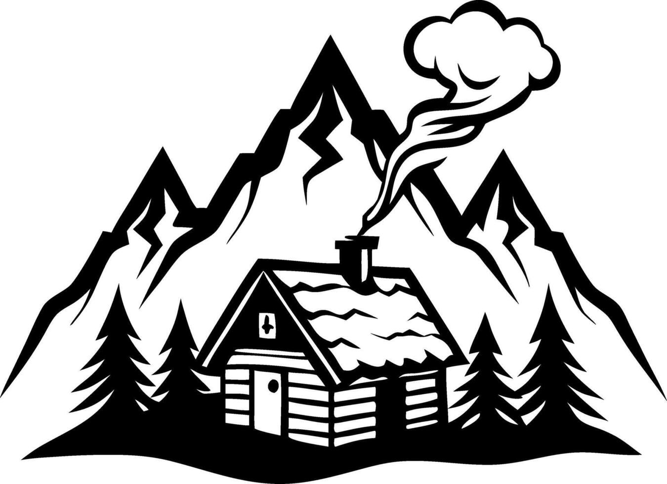 Charming Cabin in Mountain Landscape with Smoky Chimney Ideal for Outdoor Theme Designs vector
