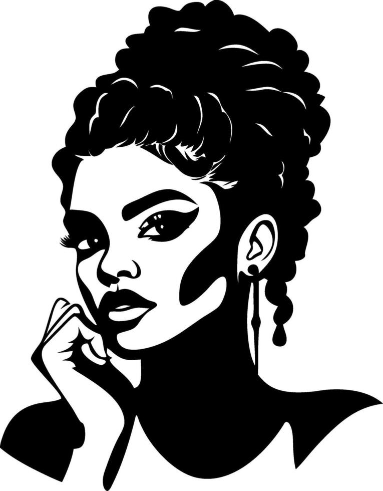 Elegant Black Silhouette of Thoughtful Woman with Curly Hair and Earrings for Design Projects vector