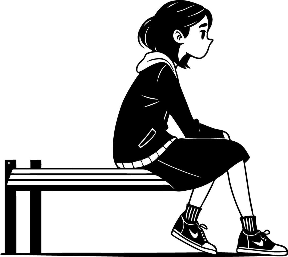 Thoughtful Young Woman Sitting on a Bench Illustration for Tattoos and Coloring Books vector