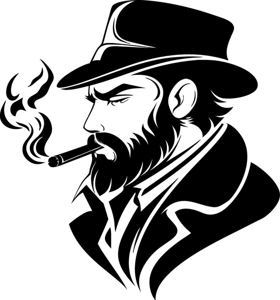 Sophisticated Bearded Man in Hat Smoking Cigar Illustration Design for Tattoos and Art vector