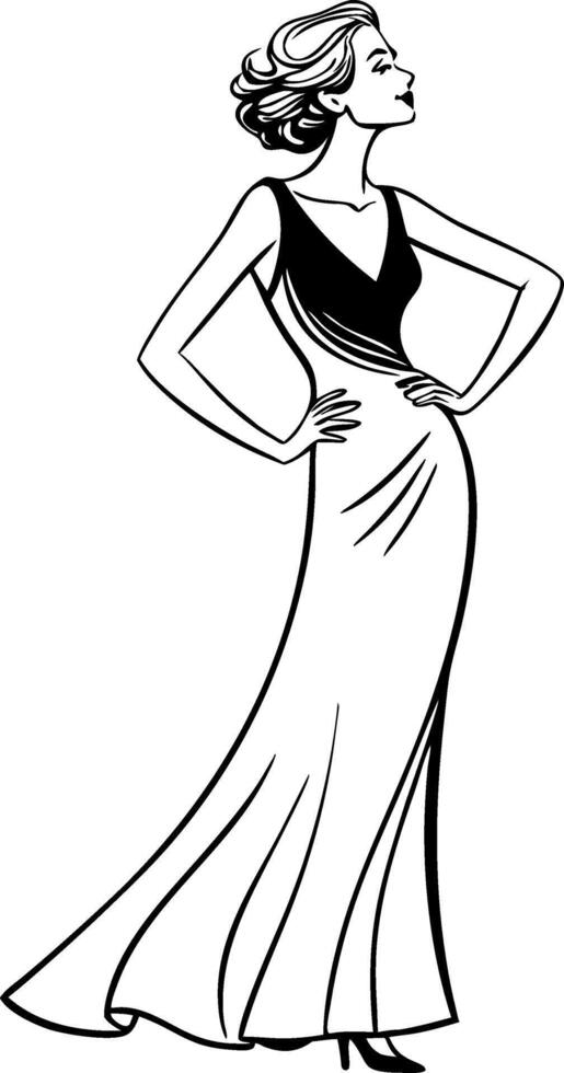 Elegant Fashion Illustration of a Stylish Woman in a Flowing Evening Dress vector