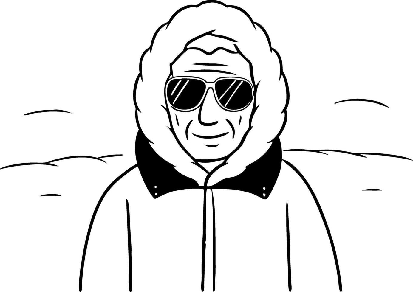 Cool Man in Sunglasses Wearing Warm Winter Coat Against Snowy Background vector