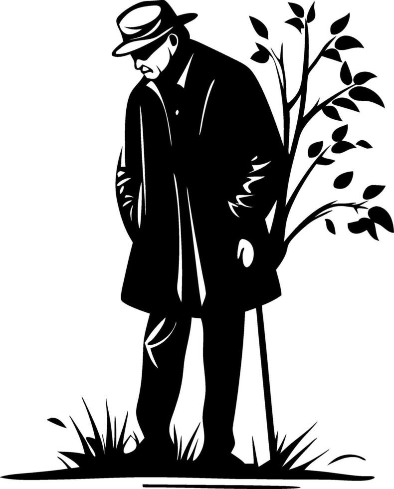 Pensive Elderly Man with Walking Stick and Tree Branches in a Tranquil Natural Setting vector