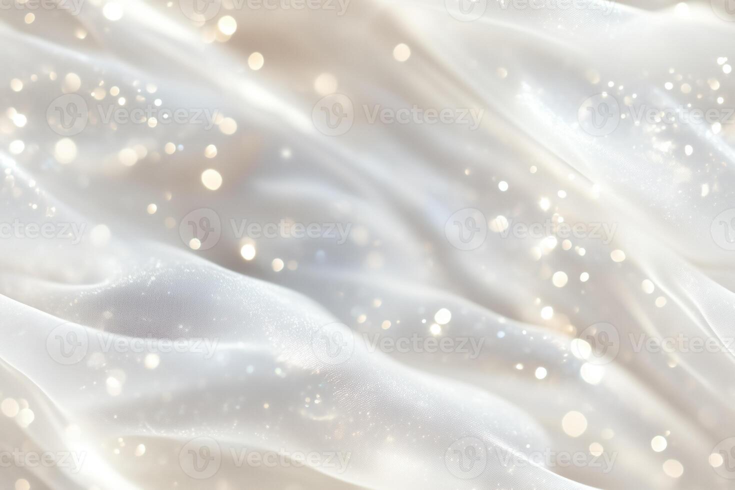 A soft, flowing white fabric with a dreamy, ethereal quality, featuring subtle sparkles and a smooth texture. The background is blurred, creating a serene and elegant atmosphere. photo